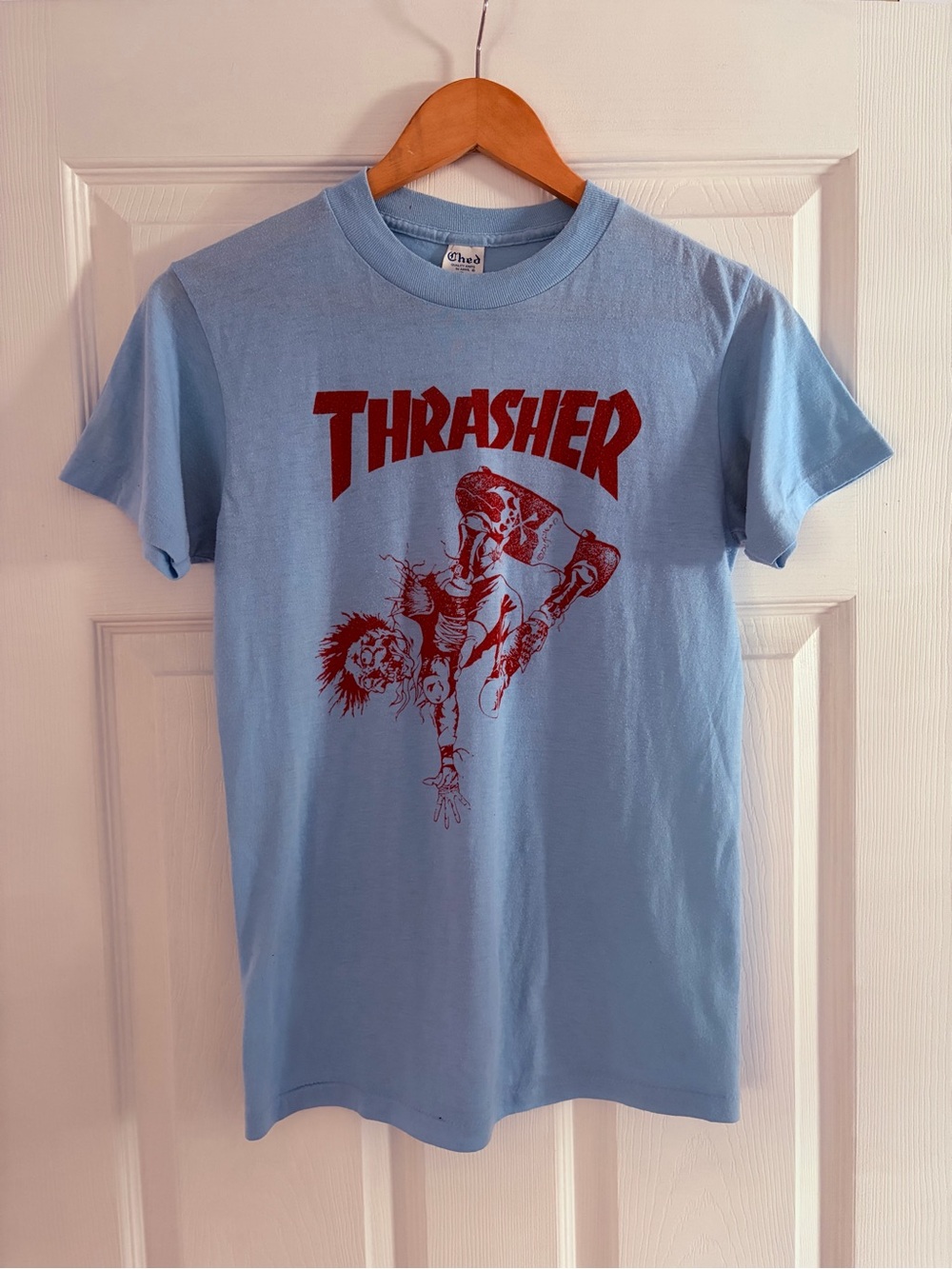 Vintage Dead-stock Thrasher Light Blue Tee with Red Skate Graphic